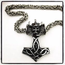 Thors hammer pendant with skull and horns stainless handcrafted chain nightmair creations